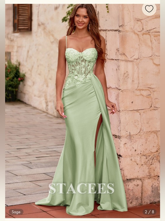 Stacees Dresses & Skirts - Mermaid V Neck Sheer Beaded Corset Slit Prom Dress with Side Draping Sage NWT 0